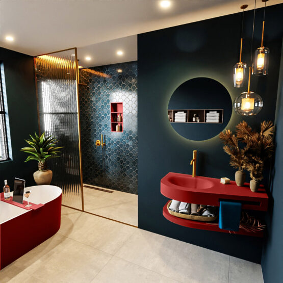 MONDIAZ RIVA 100cm lavabo con estante color Fire. Lavabo DULCET Izquierda 1 orificio