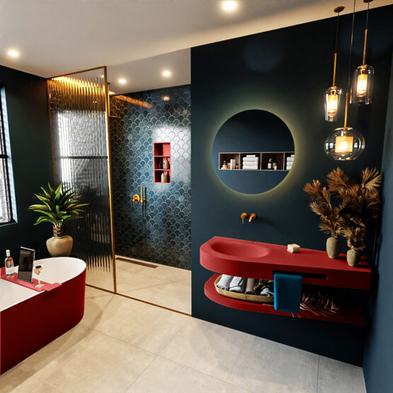 MONDIAZ RIVA 120cm lavabo con estante color Fire. Lavabo DULCET Izquierda sin orificio