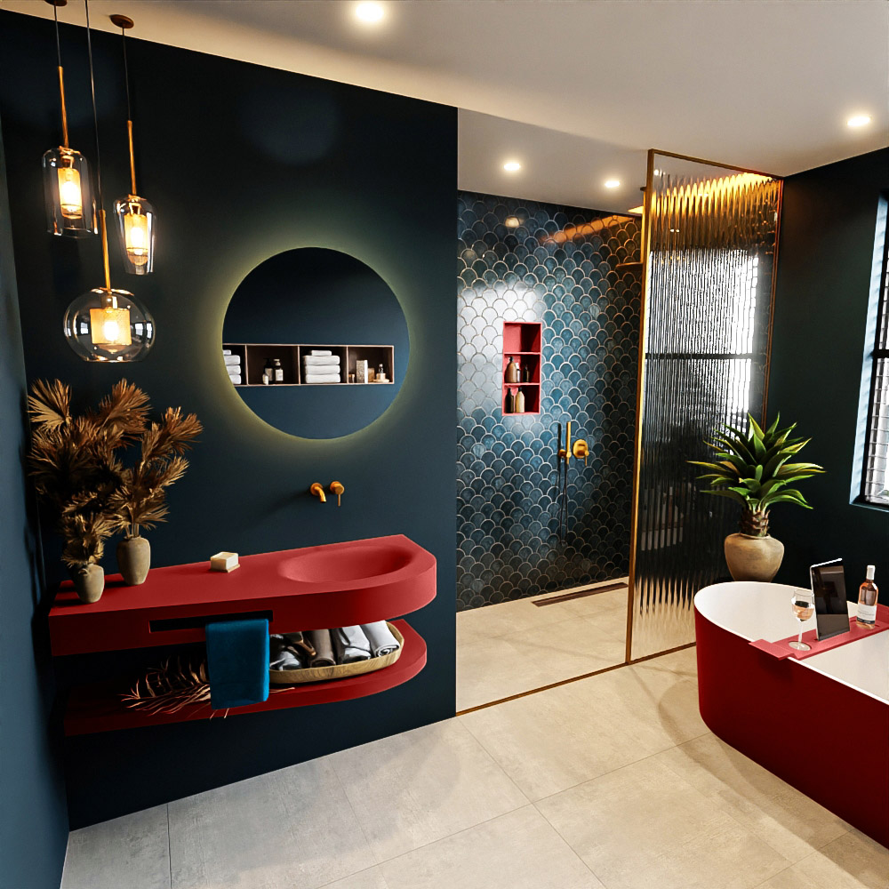 MONDIAZ RIVA 120cm lavabo con estante color Fire. Lavabo DULCET Derecho sin orificio, color Fire. 1 MONDIAZ RIVA 120cm lavabo con estante color Fire. Lavabo DULCET Derecho sin orificio
