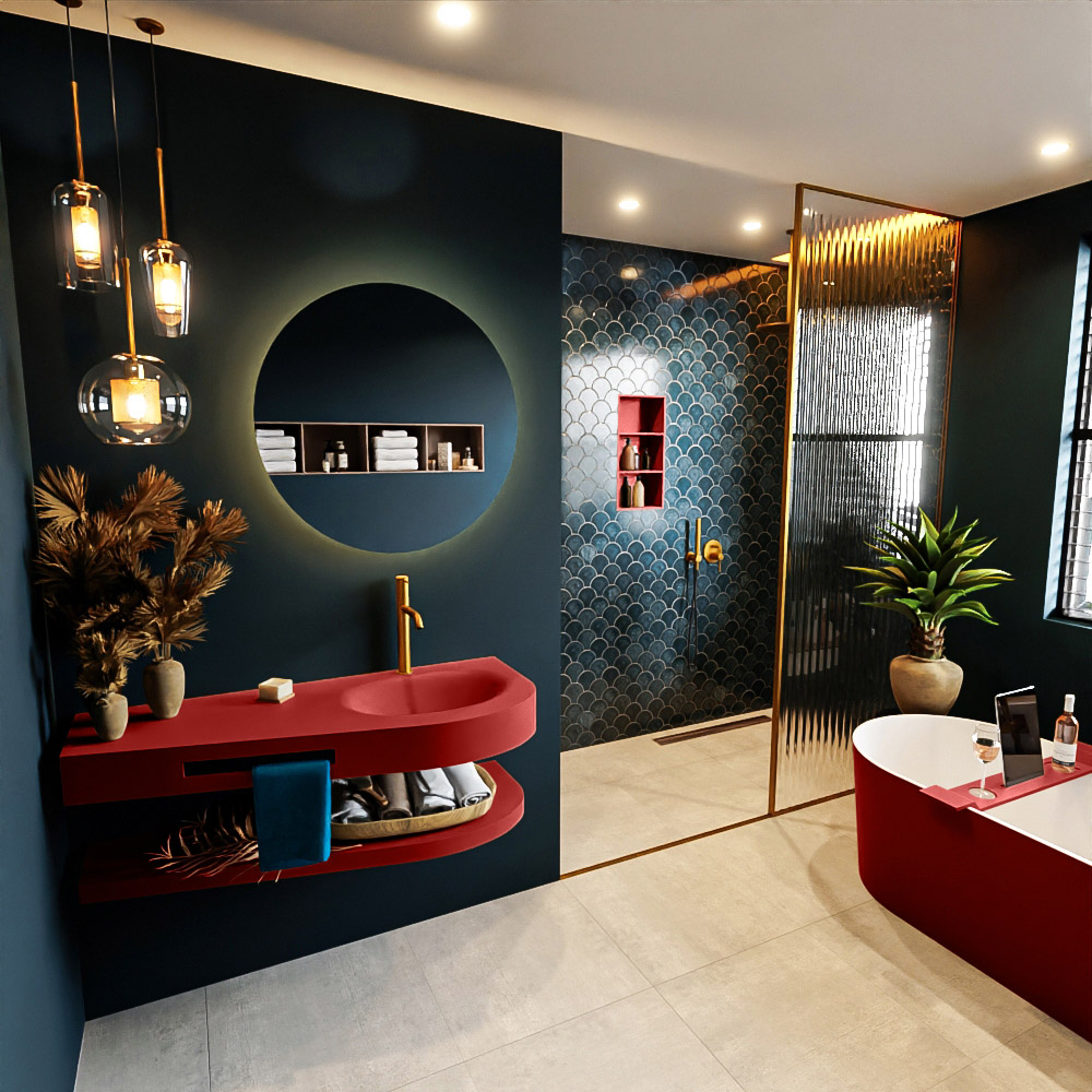 MONDIAZ RIVA 120cm lavabo con estante color Fire. Lavabo DULCET Derecho 1 orificio, color Fire. 1 MONDIAZ RIVA 120cm lavabo con estante color Fire. Lavabo DULCET Derecho 1 orificio