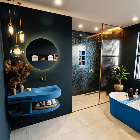 MONDIAZ RIVA 100cm lavabo con estante color Jeans. Lavabo DULCET Derecho sin orificio