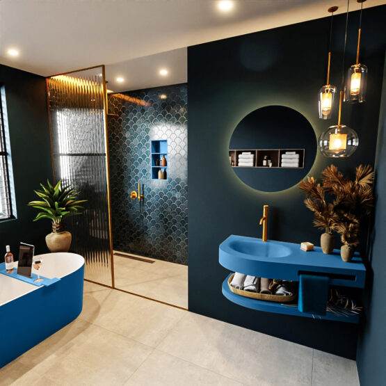 MONDIAZ RIVA 100cm lavabo con estante color Jeans. Lavabo DULCET Izquierda 1 orificio