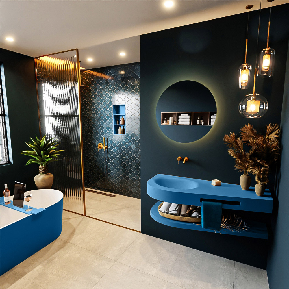 MONDIAZ RIVA 120cm lavabo con estante color Jeans. Lavabo DULCET Izquierda sin orificio, color Jeans. 1 MONDIAZ RIVA 120cm lavabo con estante color Jeans. Lavabo DULCET Izquierda sin orificio