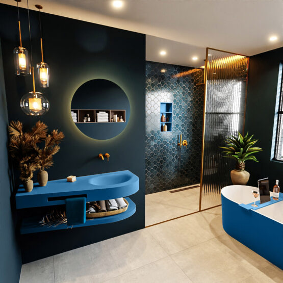 MONDIAZ RIVA 120cm lavabo con estante color Jeans. Lavabo DULCET Derecho sin orificio