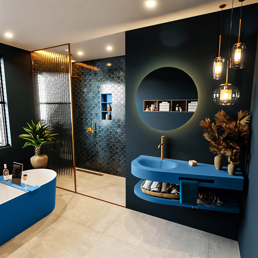 MONDIAZ RIVA 120cm lavabo con estante color Jeans. Lavabo DULCET Izquierda 1 orificio, color Jeans. 1 MONDIAZ RIVA 120cm lavabo con estante color Jeans. Lavabo DULCET Izquierda 1 orificio