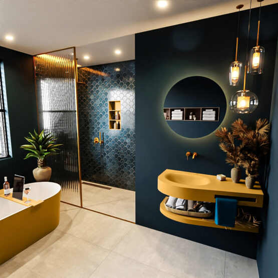 MONDIAZ RIVA 100cm lavabo con estante color Ocher. Lavabo DULCET Izquierda sin orificio