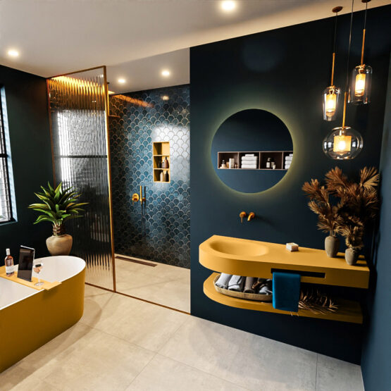 MONDIAZ RIVA 120cm lavabo con estante color Ocher. Lavabo DULCET Izquierda sin orificio