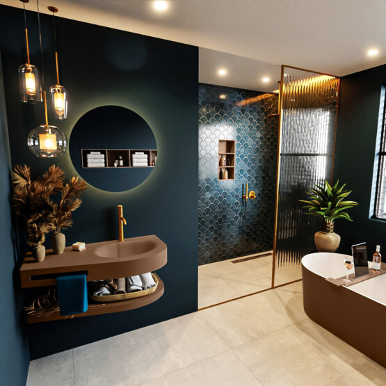 MONDIAZ RIVA 100cm lavabo con estante color Rust. Lavabo DULCET Derecho 1 orificio