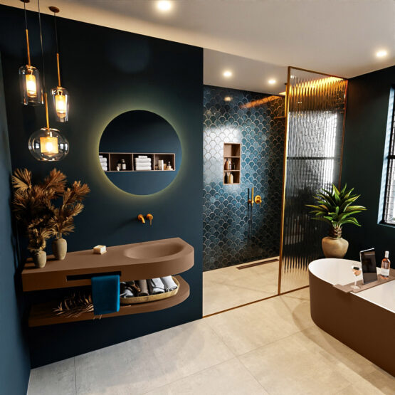 MONDIAZ RIVA 120cm lavabo con estante color Rust. Lavabo DULCET Derecho sin orificio