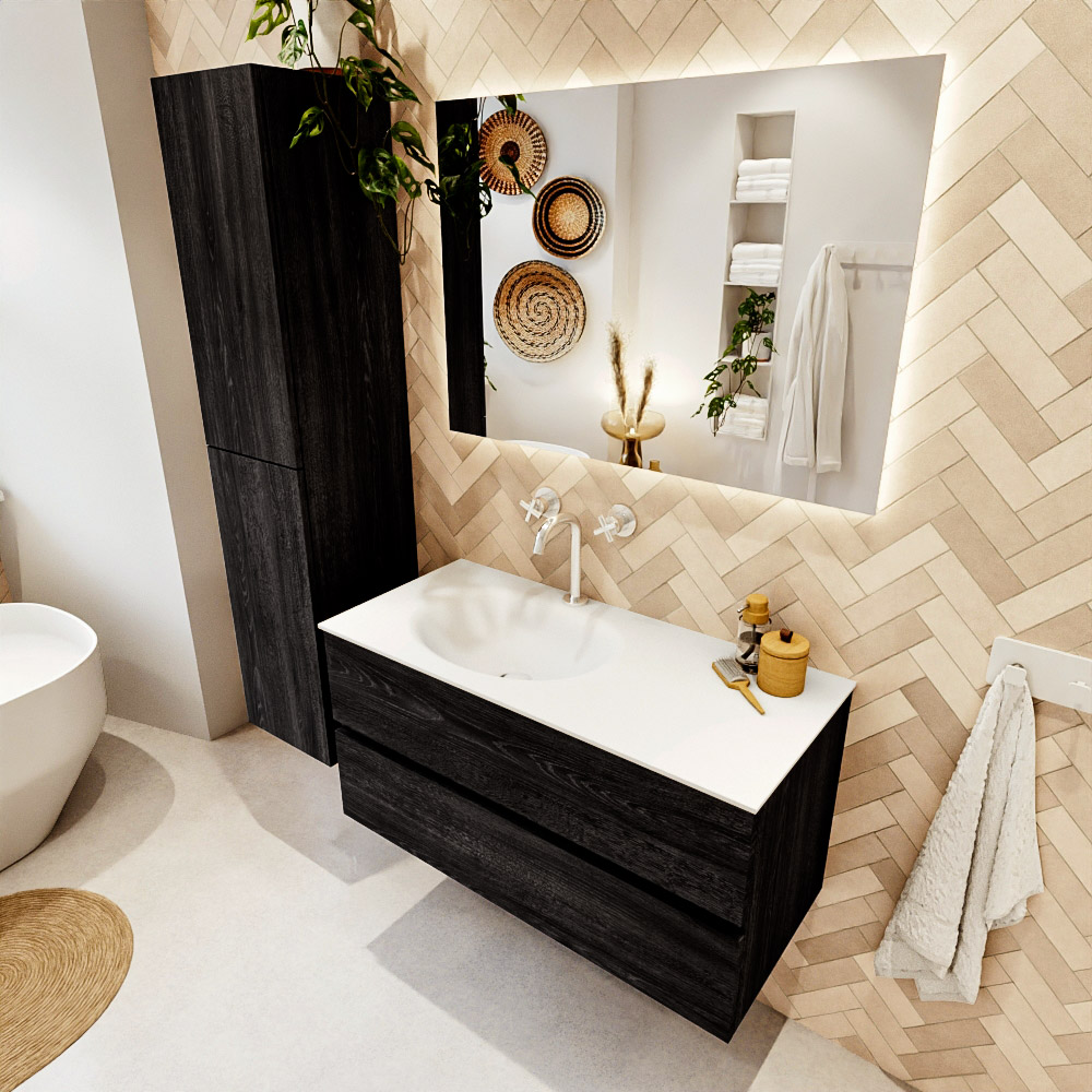 MONDIAZ VICA 100cm mueble de baño Antracite 2 cajones. Lavabo MOON Izquierda 1 orificio color Talc con espejo LED. 1 MONDIAZ VICA 100cm mueble de baño Antracite 2 cajones. Lavabo MOON Izquierda 1 orificio color Talc con espejo LED.