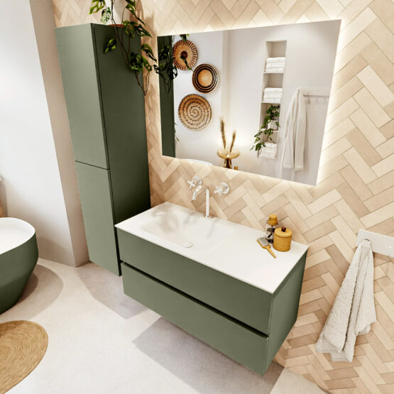 MONDIAZ VICA 100cm mueble de baño Army 2 cajones. Lavabo CLOUD Izquierda 1 orificio color Talc con espejo LED.