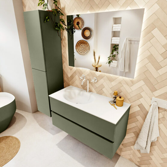 MONDIAZ VICA 100cm mueble de baño Army 2 cajones. Lavabo MOON Izquierda 1 orificio color Talc con espejo LED.