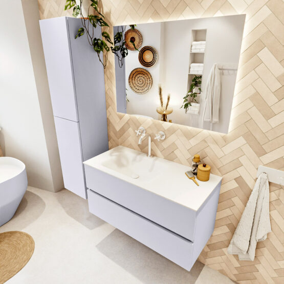 MONDIAZ VICA 100cm mueble de baño Cale 2 cajones. Lavabo CLOUD Izquierda 1 orificio color Talc con espejo LED.