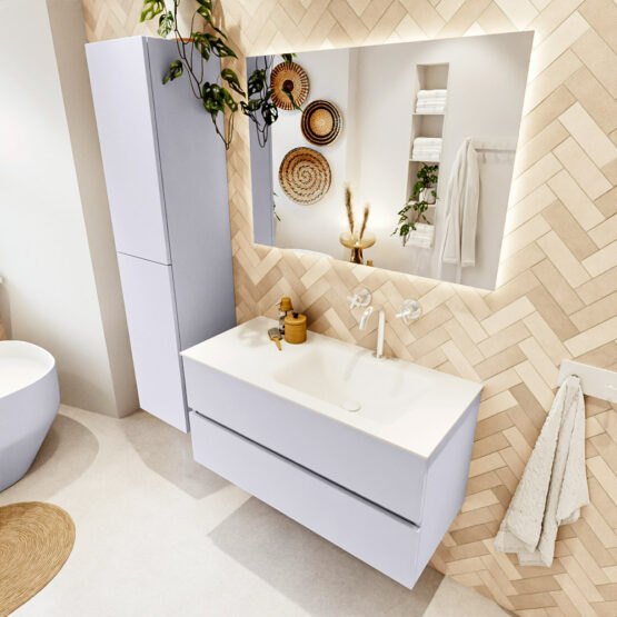 MONDIAZ VICA 100cm mueble de baño Cale 2 cajones. Lavabo CLOUD Derecho 1 orificio color Talc con espejo LED.