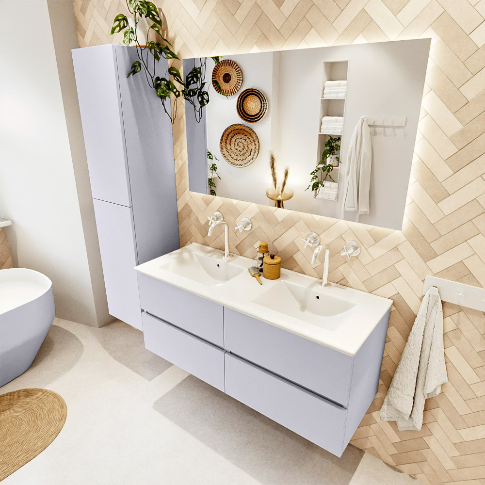 MONDIAZ VICA 120cm mueble de baño Cale 4 cajones. Lavabo DENIA Doble 2 orificios, color Blanco brillo. 1 MONDIAZ VICA 120cm mueble de baño Cale 4 cajones. Lavabo DENIA Doble 2 orificios