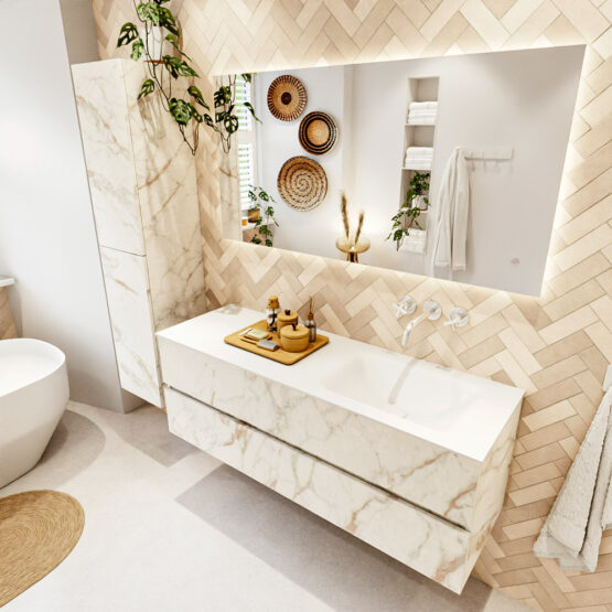 MONDIAZ VICA 140cm mueble de baño Carrara 2 cajones. Lavabo CLOUD Derecho sin orificio