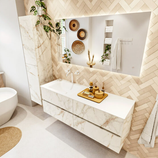 MONDIAZ VICA 140cm mueble de baño Carrara 4 cajones. Lavabo CLOUD Izquierda 1 orificio