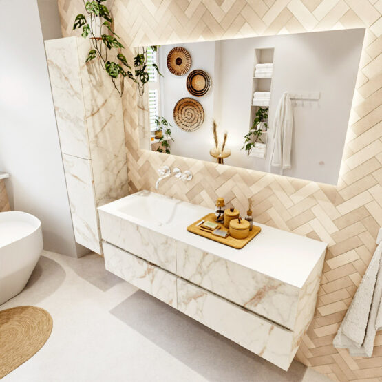 MONDIAZ VICA 140cm mueble de baño Carrara 4 cajones. Lavabo CLOUD Izquierda sin orificio