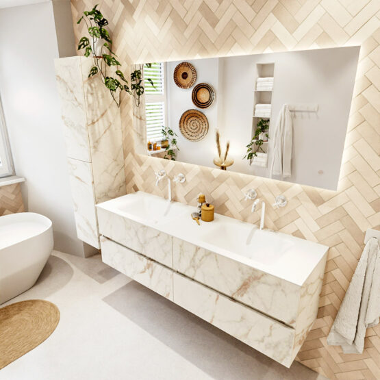 MONDIAZ VICA 160cm mueble de baño Carrara 4 cajones. Lavabo CLOUD Doble 2 orificios