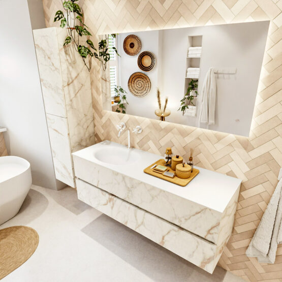 MONDIAZ VICA 140cm mueble de baño Carrara 2 cajones. Lavabo MOON Izquierda 1 orificio