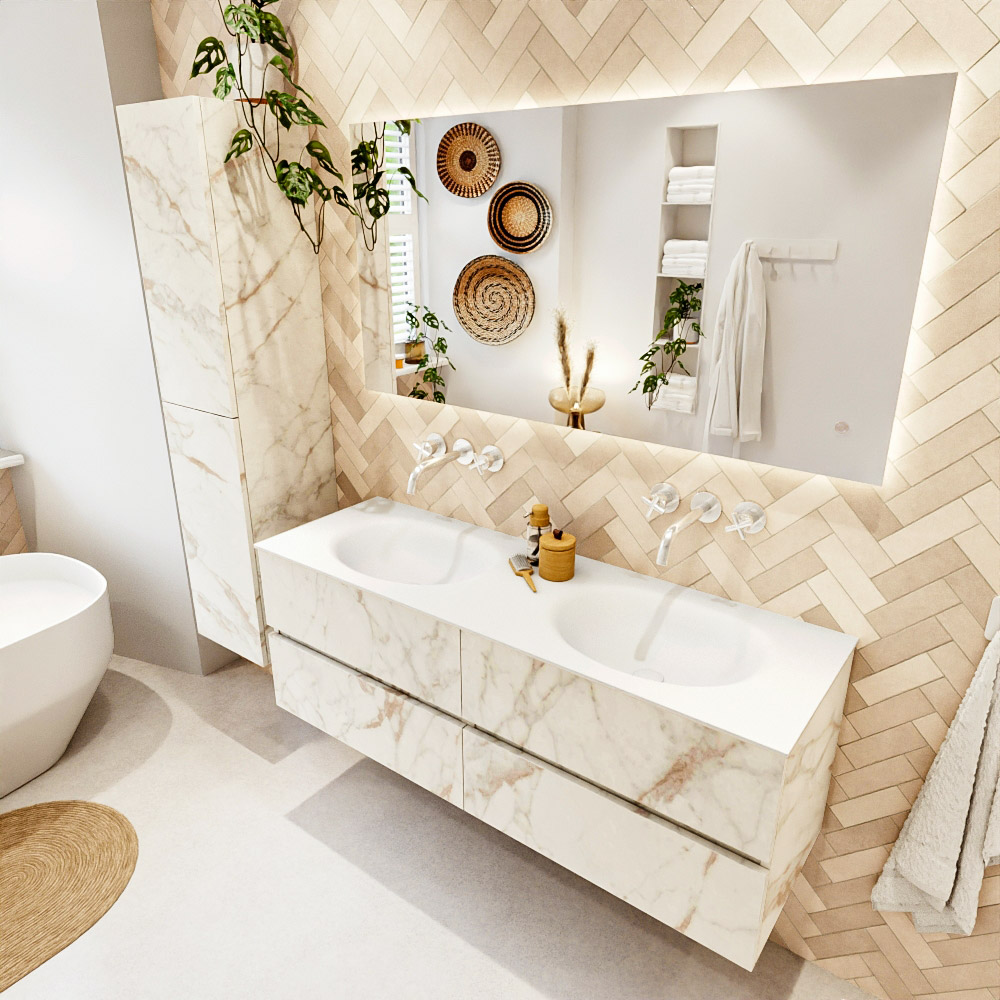 MONDIAZ VICA 140cm mueble de baño Carrara 4 cajones. Lavabo MOON Doble sin orificio, color Talc. 1 MONDIAZ VICA 140cm mueble de baño Carrara 4 cajones. Lavabo MOON Doble sin orificio