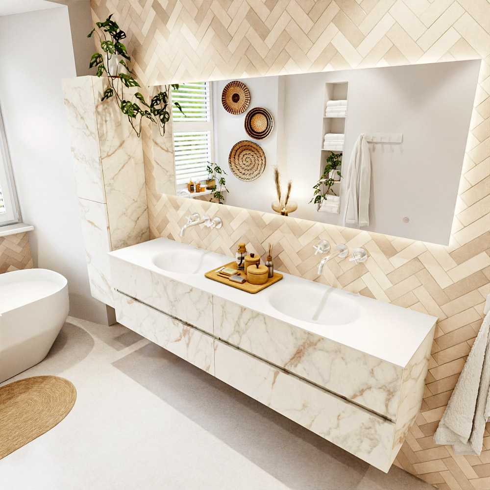 MONDIAZ VICA 190cm mueble de baño Carrara 4 cajones. Lavabo MOON Doble sin orificio, color Talc. 1 MONDIAZ VICA 190cm mueble de baño Carrara 4 cajones. Lavabo MOON Doble sin orificio