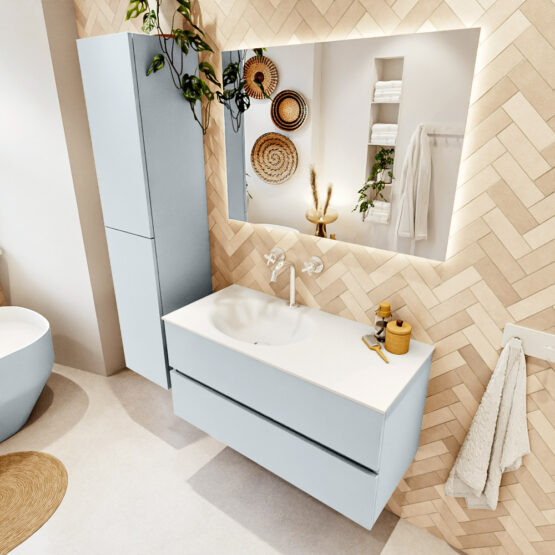 MONDIAZ VICA 100cm mueble de baño Clay 2 cajones. Lavabo MOON Izquierda 1 orificio color Talc con espejo LED.