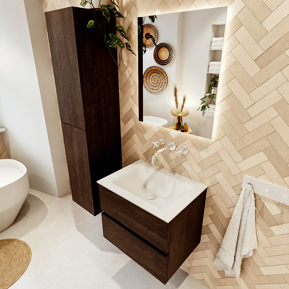 MONDIAZ VICA 60cm mueble de baño Dark Brown 2 cajones. Lavabo CLOUD Centro sin orificio, color Talc. 1 MONDIAZ VICA 60cm mueble de baño Dark Brown 2 cajones. Lavabo CLOUD Centro sin orificio
