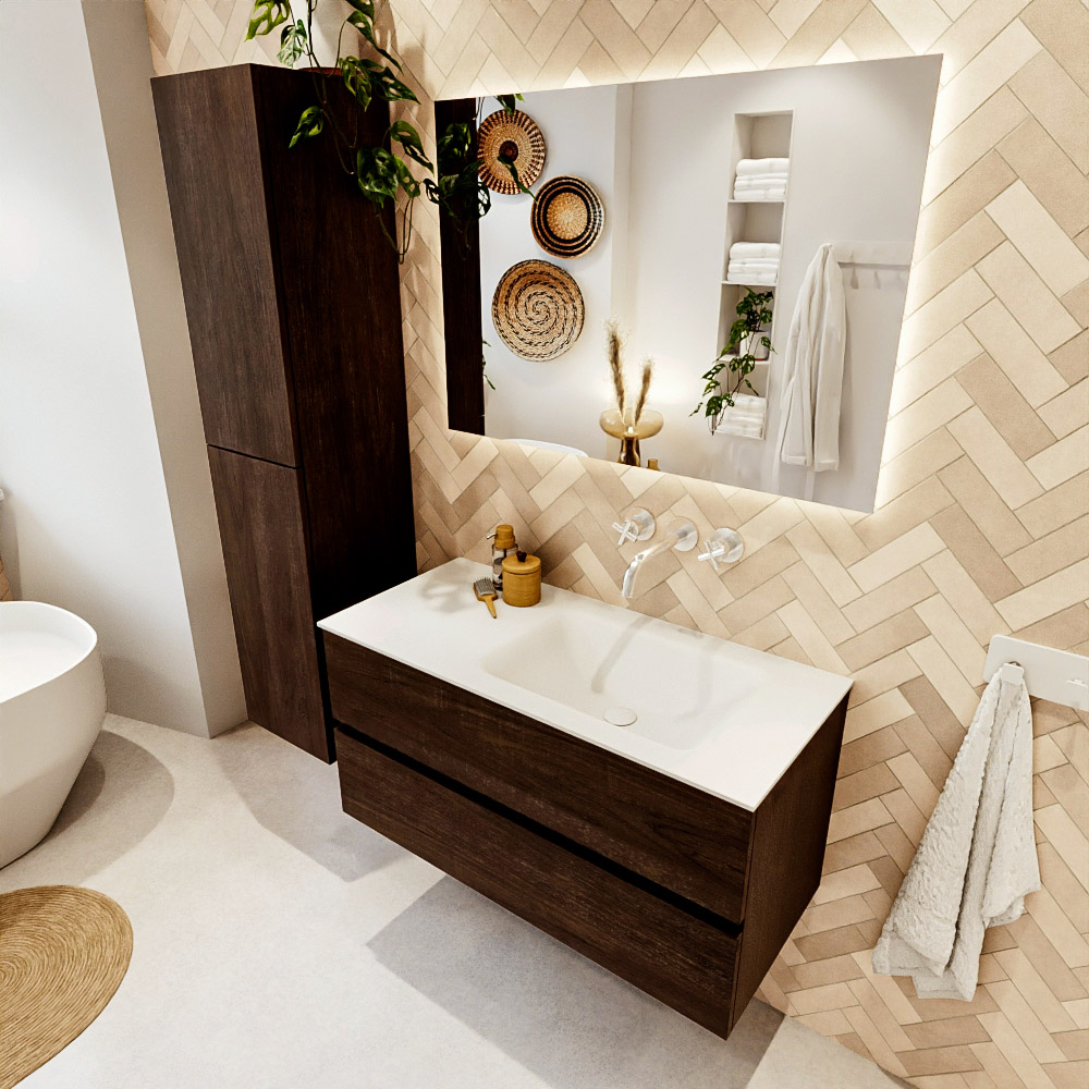 MONDIAZ VICA 100cm mueble de baño Dark Brown 2 cajones. Lavabo CLOUD Derecho sin orificio color Talc con espejo LED. 1 MONDIAZ VICA 100cm mueble de baño Dark Brown 2 cajones. Lavabo CLOUD Derecho sin orificio color Talc con espejo LED.