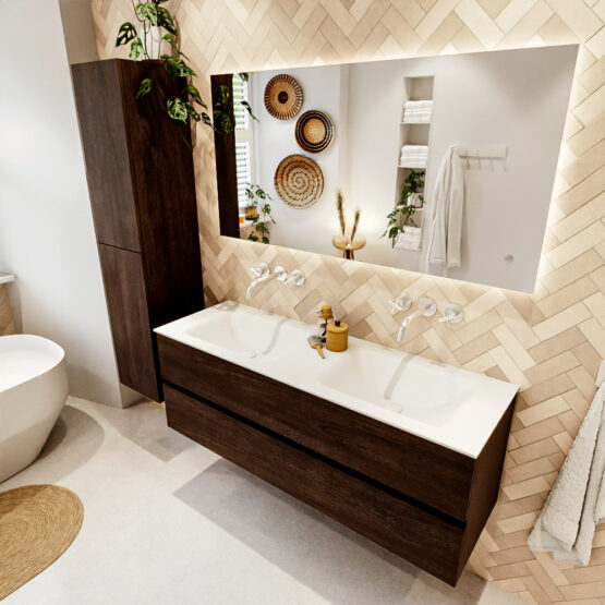 MONDIAZ VICA 140cm mueble de baño Dark Brown 2 cajones. Lavabo CLOUD Doble sin orificio