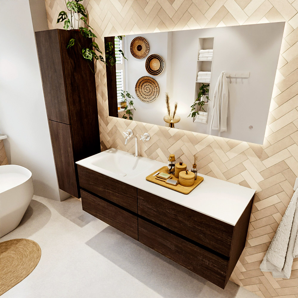 MONDIAZ VICA 140cm mueble de baño Dark Brown 4 cajones. Lavabo CLOUD Izquierda 1 orificio, color Talc. 1 MONDIAZ VICA 140cm mueble de baño Dark Brown 4 cajones. Lavabo CLOUD Izquierda 1 orificio