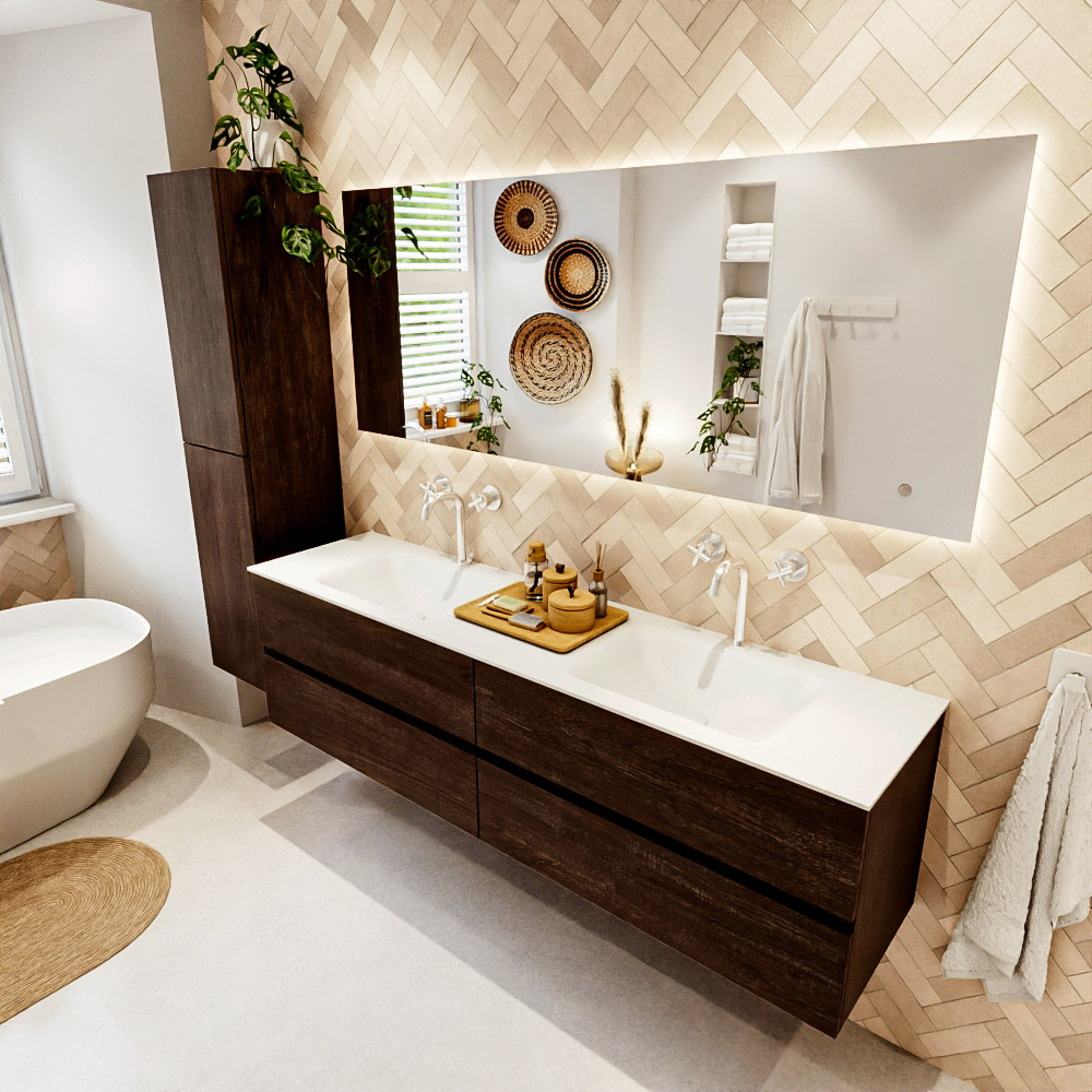 MONDIAZ VICA 180cm mueble de baño Dark Brown 4 cajones. Lavabo CLOUD Doble 2 orificios, color Talc. 1 MONDIAZ VICA 180cm mueble de baño Dark Brown 4 cajones. Lavabo CLOUD Doble 2 orificios