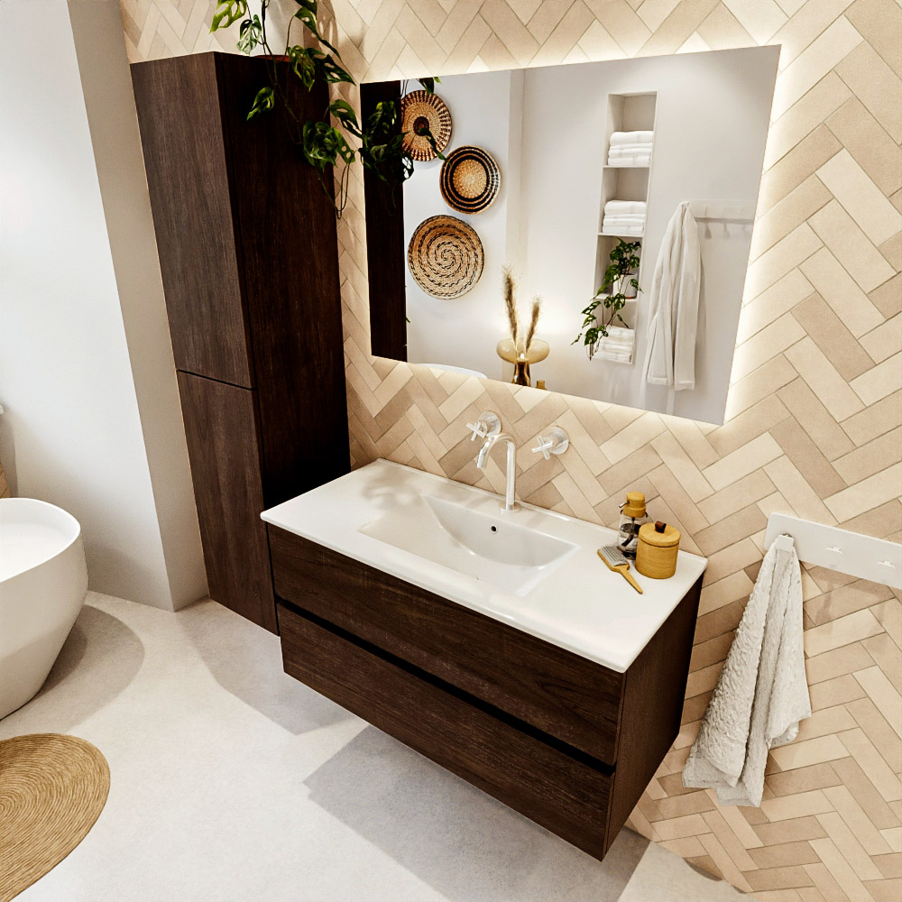 MONDIAZ VICA 100cm mueble de baño Dark Brown 2 cajones. Lavabo DENIA Centro 1 orificio, color Blanco brillo. 1 MONDIAZ VICA 100cm mueble de baño Dark Brown 2 cajones. Lavabo DENIA Centro 1 orificio