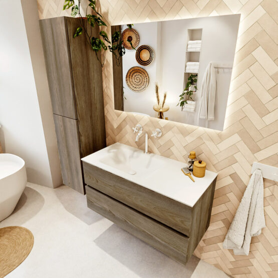MONDIAZ VICA 100cm mueble de baño Dark Brown Grey 2 cajones. Lavabo CLOUD Izquierda 1 orificio color Talc con espejo LED.