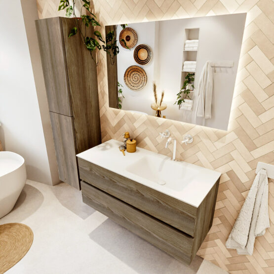 MONDIAZ VICA 110cm mueble de baño Dark Brown Grey 2 cajones. Lavabo CLOUD Derecho 1 orificio color Talc con espejo LED.