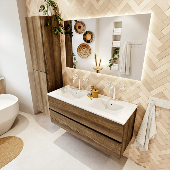 MONDIAZ VICA 120cm mueble de baño Dark Brown Grey 2 cajones. Lavabo DENIA Doble 2 orificios