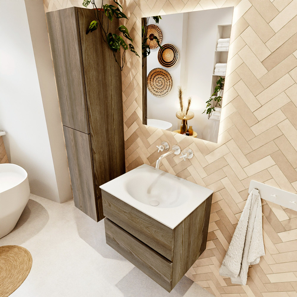 MONDIAZ VICA 60cm mueble de baño Dark Brown Grey 2 cajones. Lavabo MOON Centro sin orificio, color Talc. 1 MONDIAZ VICA 60cm mueble de baño Dark Brown Grey 2 cajones. Lavabo MOON Centro sin orificio