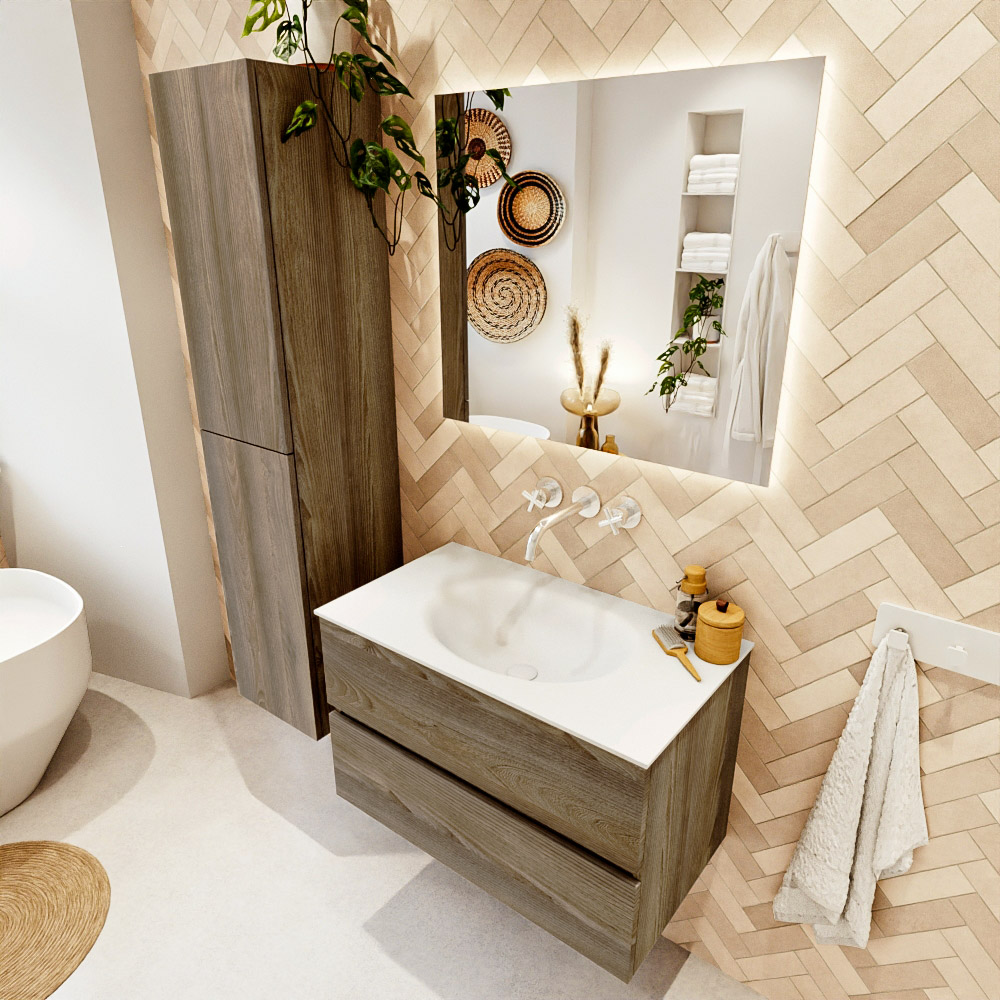 MONDIAZ VICA 80cm mueble de baño Dark Brown Grey 2 cajones. Lavabo MOON Centro sin orificio, color Talc. 1 MONDIAZ VICA 80cm mueble de baño Dark Brown Grey 2 cajones. Lavabo MOON Centro sin orificio