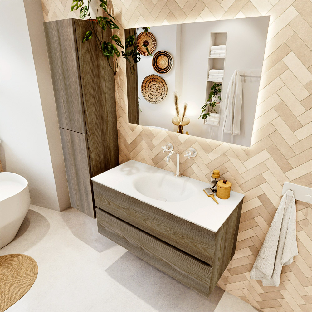 MONDIAZ VICA 100cm mueble de baño Dark Brown Grey 2 cajones. Lavabo MOON Centro 1 orificio color Talc con espejo LED. 1 MONDIAZ VICA 100cm mueble de baño Dark Brown Grey 2 cajones. Lavabo MOON Centro 1 orificio color Talc con espejo LED.