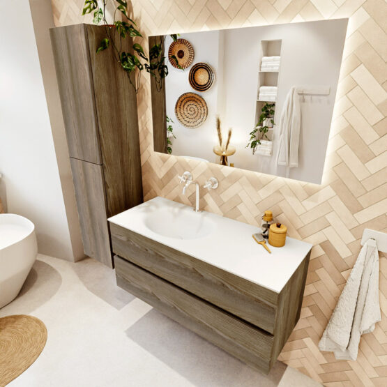 MONDIAZ VICA 110cm mueble de baño Dark Brown Grey 2 cajones. Lavabo MOON Izquierda 1 orificio color Talc con espejo LED.