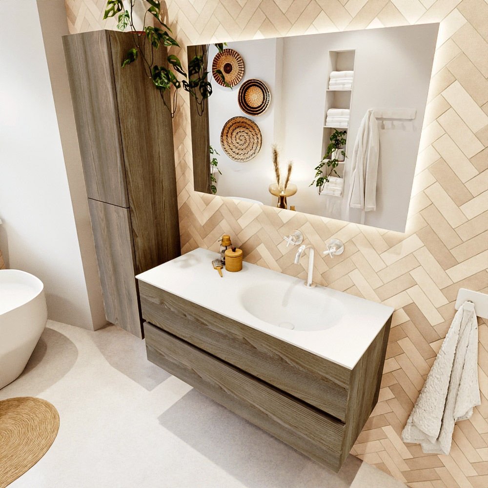 MONDIAZ VICA 110cm mueble de baño Dark Brown Grey 2 cajones. Lavabo MOON Derecho 1 orificio color Talc con espejo LED. 1 MONDIAZ VICA 110cm mueble de baño Dark Brown Grey 2 cajones. Lavabo MOON Derecho 1 orificio color Talc con espejo LED.
