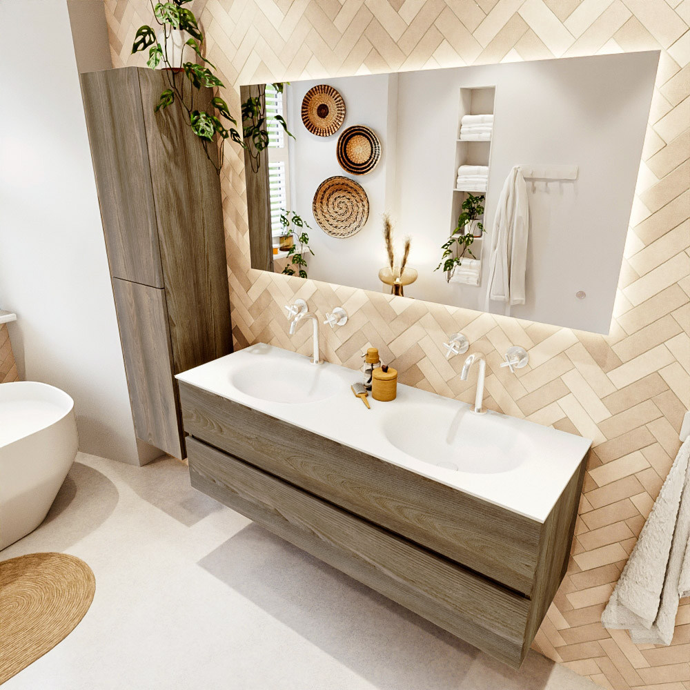 MONDIAZ VICA 140cm mueble de baño Dark Brown Grey 2 cajones. Lavabo MOON Doble 2 orificios, color Talc. 1 MONDIAZ VICA 140cm mueble de baño Dark Brown Grey 2 cajones. Lavabo MOON Doble 2 orificios