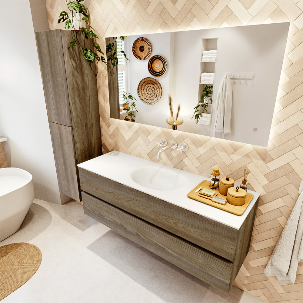 MONDIAZ VICA 140cm mueble de baño Dark Brown Grey 2 cajones. Lavabo MOON Centro sin orificio, color Talc. 1 MONDIAZ VICA 140cm mueble de baño Dark Brown Grey 2 cajones. Lavabo MOON Centro sin orificio