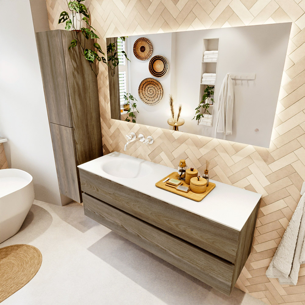 MONDIAZ VICA 140cm mueble de baño Dark Brown Grey 2 cajones. Lavabo MOON Izquierda sin orificio, color Talc. 1 MONDIAZ VICA 140cm mueble de baño Dark Brown Grey 2 cajones. Lavabo MOON Izquierda sin orificio