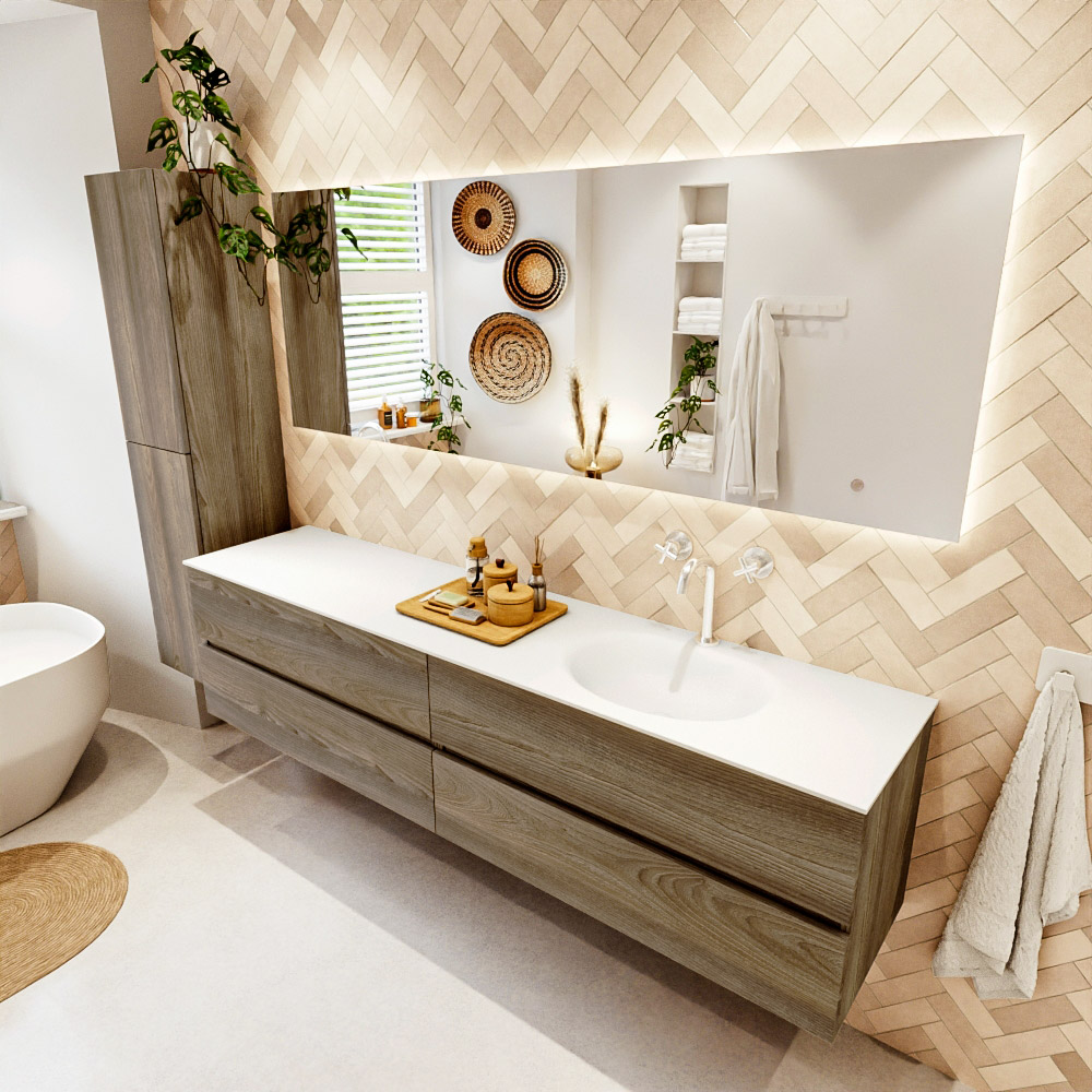 MONDIAZ VICA 200cm mueble de baño Dark Brown Grey 4 cajones. Lavabo MOON Derecho 1 orificio, color Talc. 1 MONDIAZ VICA 200cm mueble de baño Dark Brown Grey 4 cajones. Lavabo MOON Derecho 1 orificio