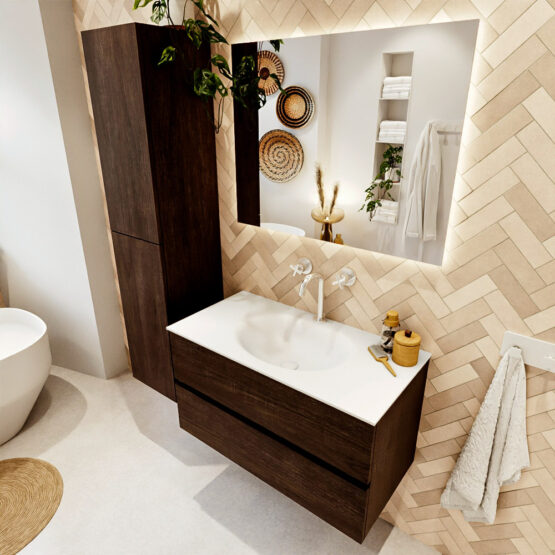 MONDIAZ VICA 90cm mueble de baño Dark Brown 2 cajones. Lavabo MOON Centro 1 orificio