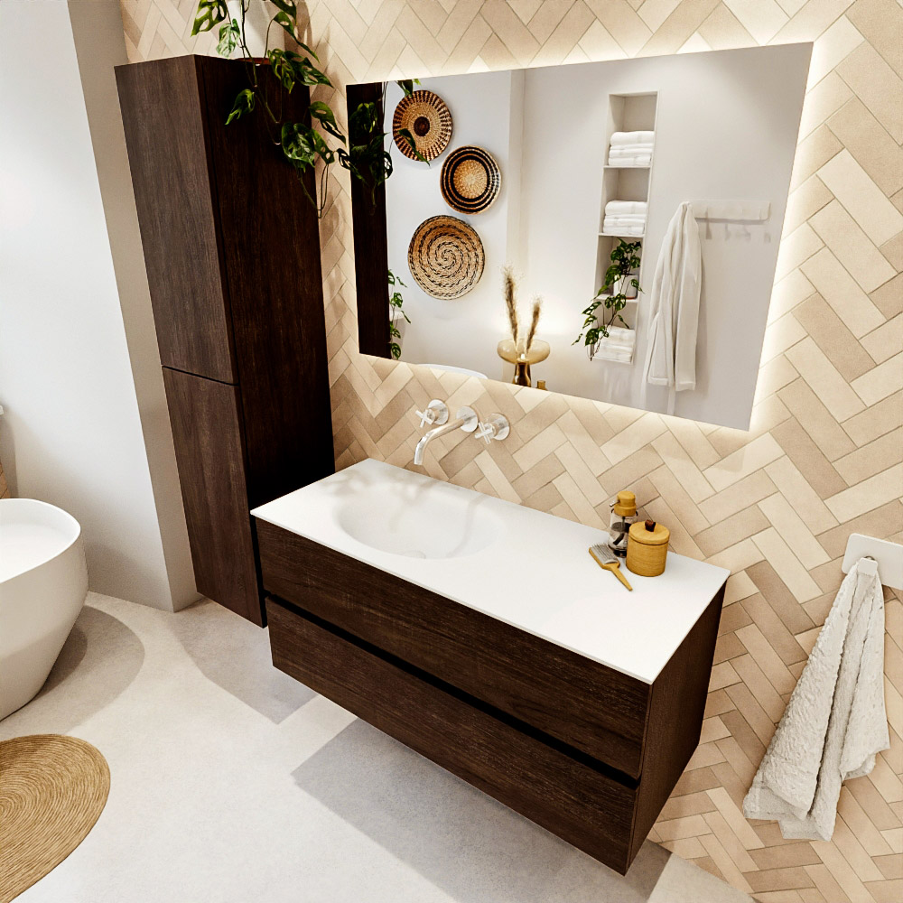 MONDIAZ VICA 110cm mueble de baño Dark Brown 2 cajones. Lavabo MOON Izquierda sin orificio color Talc con espejo LED. 1 MONDIAZ VICA 110cm mueble de baño Dark Brown 2 cajones. Lavabo MOON Izquierda sin orificio color Talc con espejo LED.