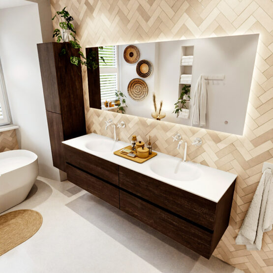 MONDIAZ VICA 180cm mueble de baño Dark Brown 4 cajones. Lavabo MOON Doble 2 orificios