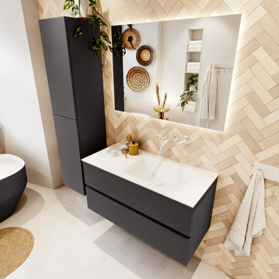 MONDIAZ VICA 100cm mueble de baño Dark Grey 2 cajones. Lavabo CLOUD Derecho sin orificio color Talc con espejo LED.