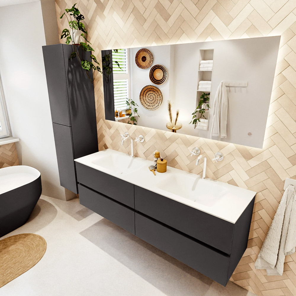 MONDIAZ VICA 160cm mueble de baño Dark Grey 4 cajones. Lavabo CLOUD Doble 2 orificios, color Talc. 1 MONDIAZ VICA 160cm mueble de baño Dark Grey 4 cajones. Lavabo CLOUD Doble 2 orificios
